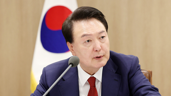 President Yoon Suk Yeol speaks during an economic and security meeting with ministers and senior aides held at the presidential office in central Seoul on Sunday. [PRESIDENTIAL OFFICE]