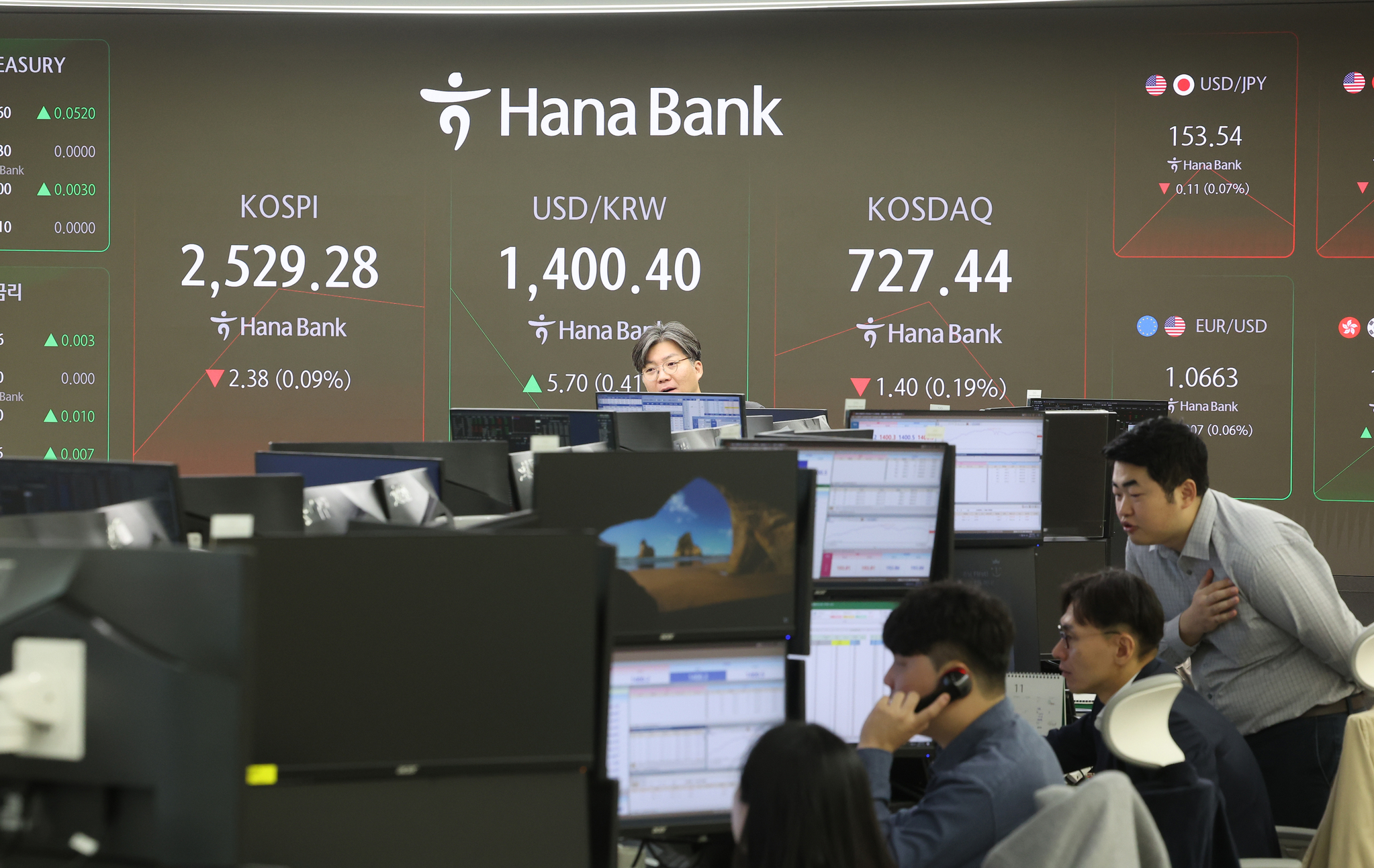 A screen in Hana Bank's trading room in central Seoul shows the Kospi opening on Tuesday. [NEWS1]