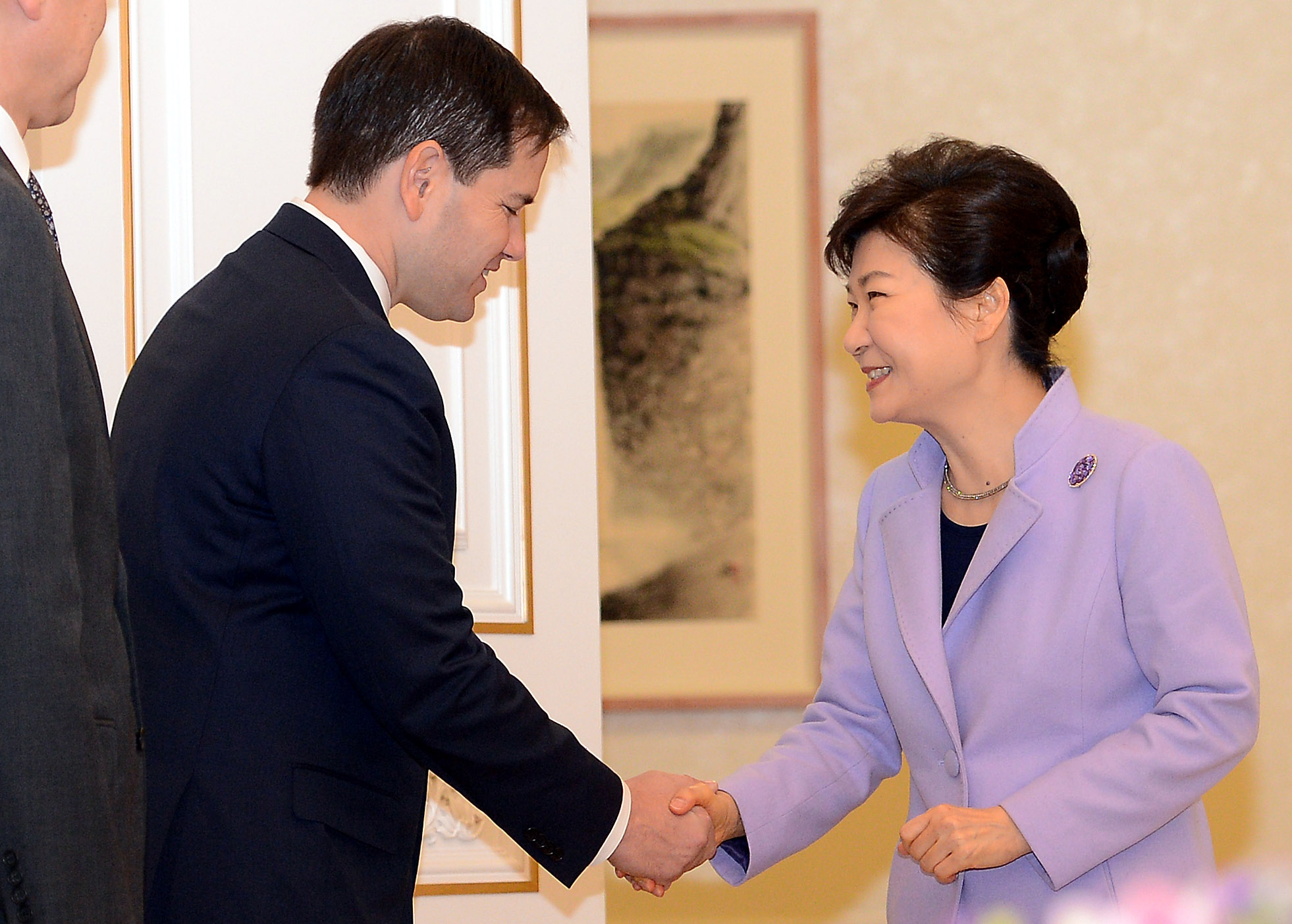 Sen. Marco Rubio, left, shakes hands with then-South Korean President Park Geun-hye at the Blue House during his visit to Seoul on Jan. 25, 2014. [JOINT PRESS CORPS]