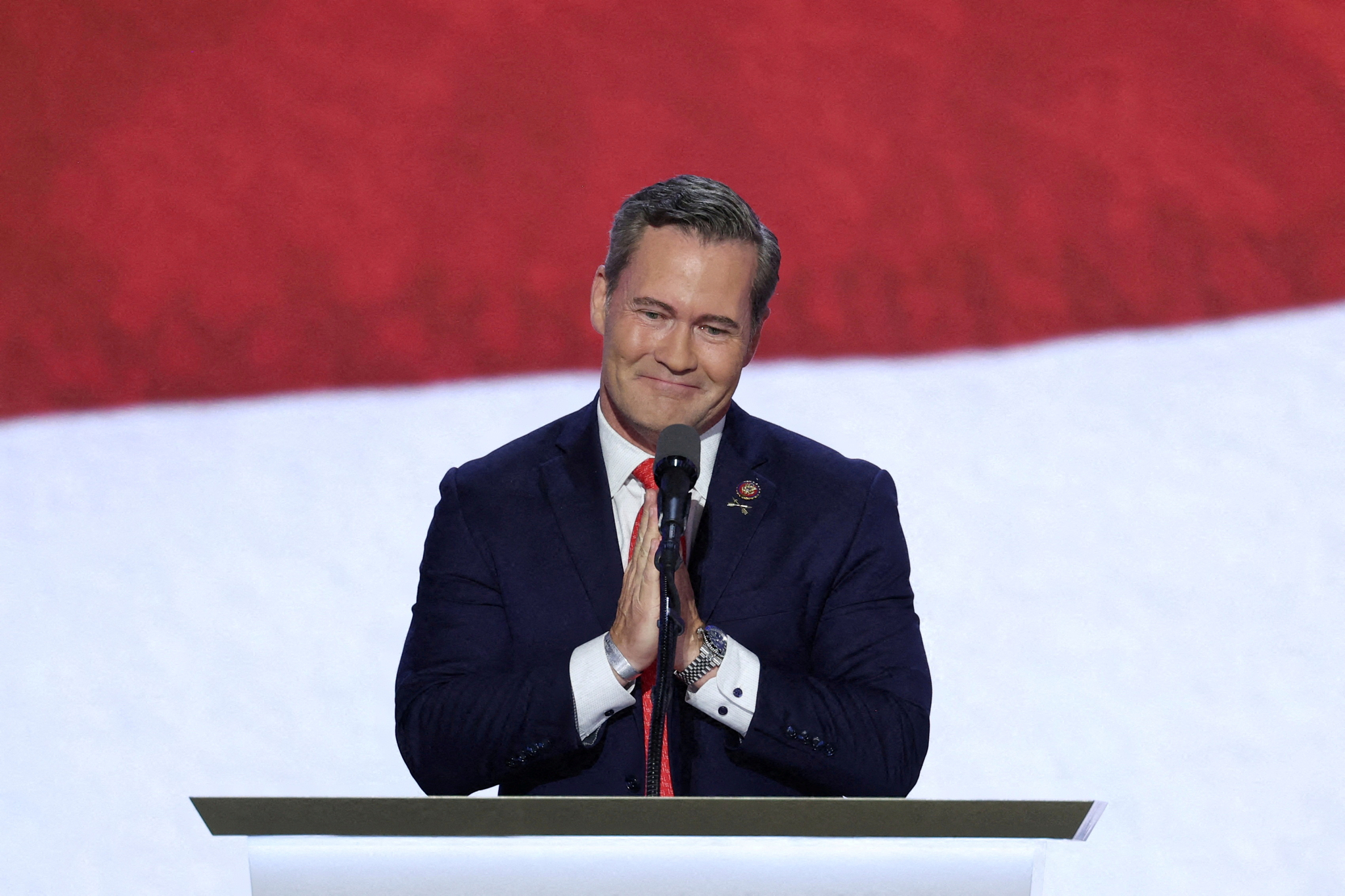 Rep. Michael Waltz gestures at the Republican National Convention, at the Fiserv Forum in Milwaukee, Wisconsin, on July 17. [REUTERS/YONHAP]