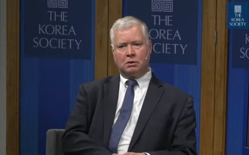 Stephen Biegun, former U.S. deputy secretary of state and top nuclear negotiator, speaks during a forum hosted by The Korea Society on Nov. 12, 2024 in this photo captured from the YouTube account of The Korea Society. [YONHAP]