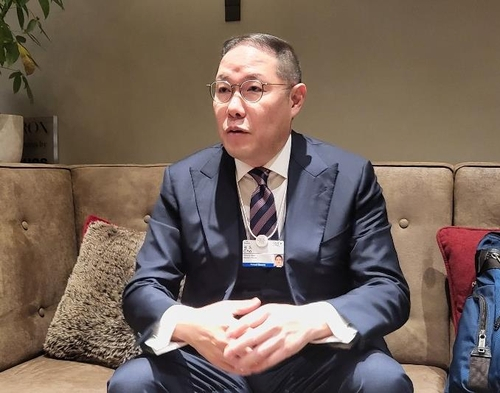 HS Hyosung Vice Chairman Cho Hyun-sang speaking in an interview with Yonhap News Agency at the World Economic Forum in Davos, Switzerland, on Jan. 19, 2023. [YONHAP] 