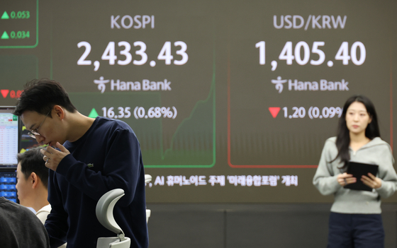 A screen in Hana Bank's trading room in central Seoul shows the Kospi closing on Thursday. [YONHAP] 