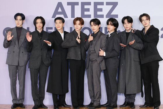 Boy band Ateez pose for a photo during a press conference for its upcoming 11th EP ″Golden Hour: Part. 2″ held in southern Seoul on Thursday. [NEWS1]
