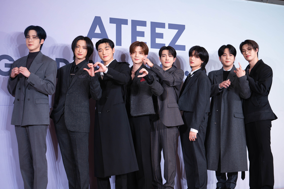 Boy band Ateez pose for a photo during a press conference for its upcoming 11th EP ″Golden Hour: Part. 2″ held in southern Seoul on Thursday. [DANIELA GONZALEZ PEREZ]