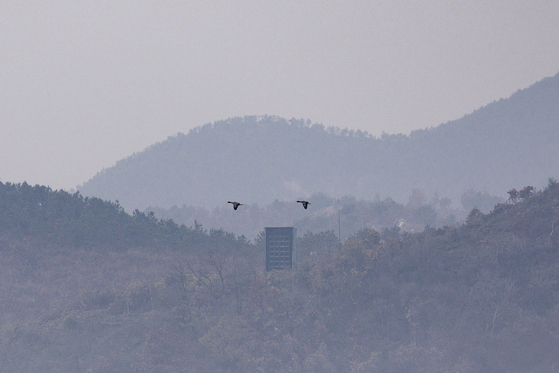 Birds are flying over the sky Friday, as seen from the inter-Korean border area of Paju, Gyeonggi. [YONHAP] 