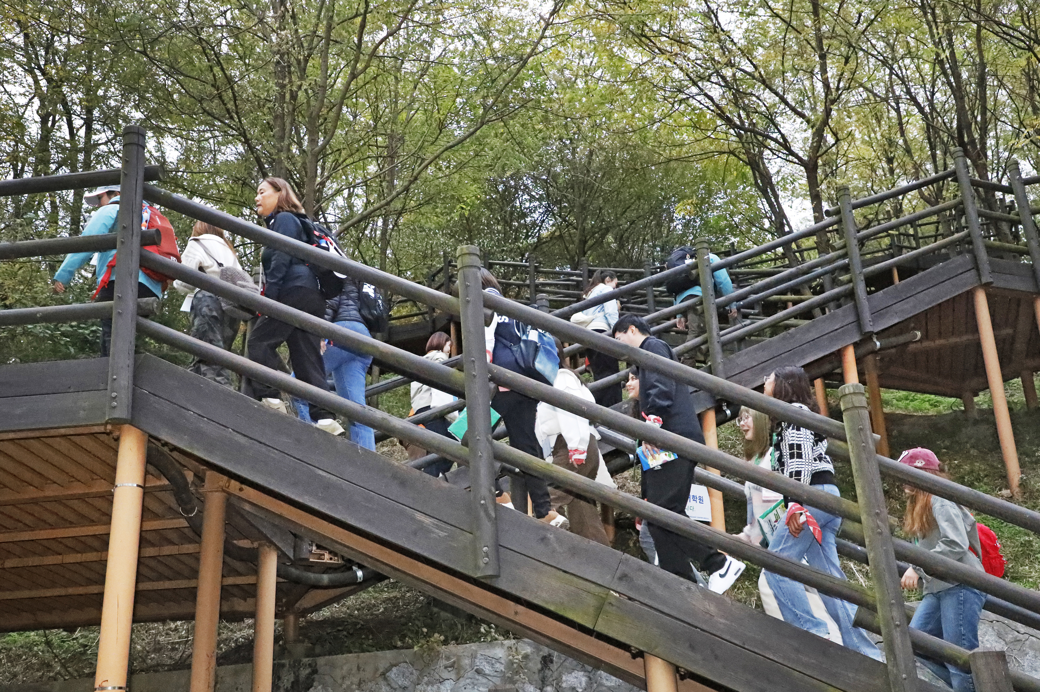 International students from Sungkyunkwan University’s Korean Language Center climb a flight of stairs in World Cup Park in Mapo District, western Seoul, on Thursday. [PARK SANG-MOON]