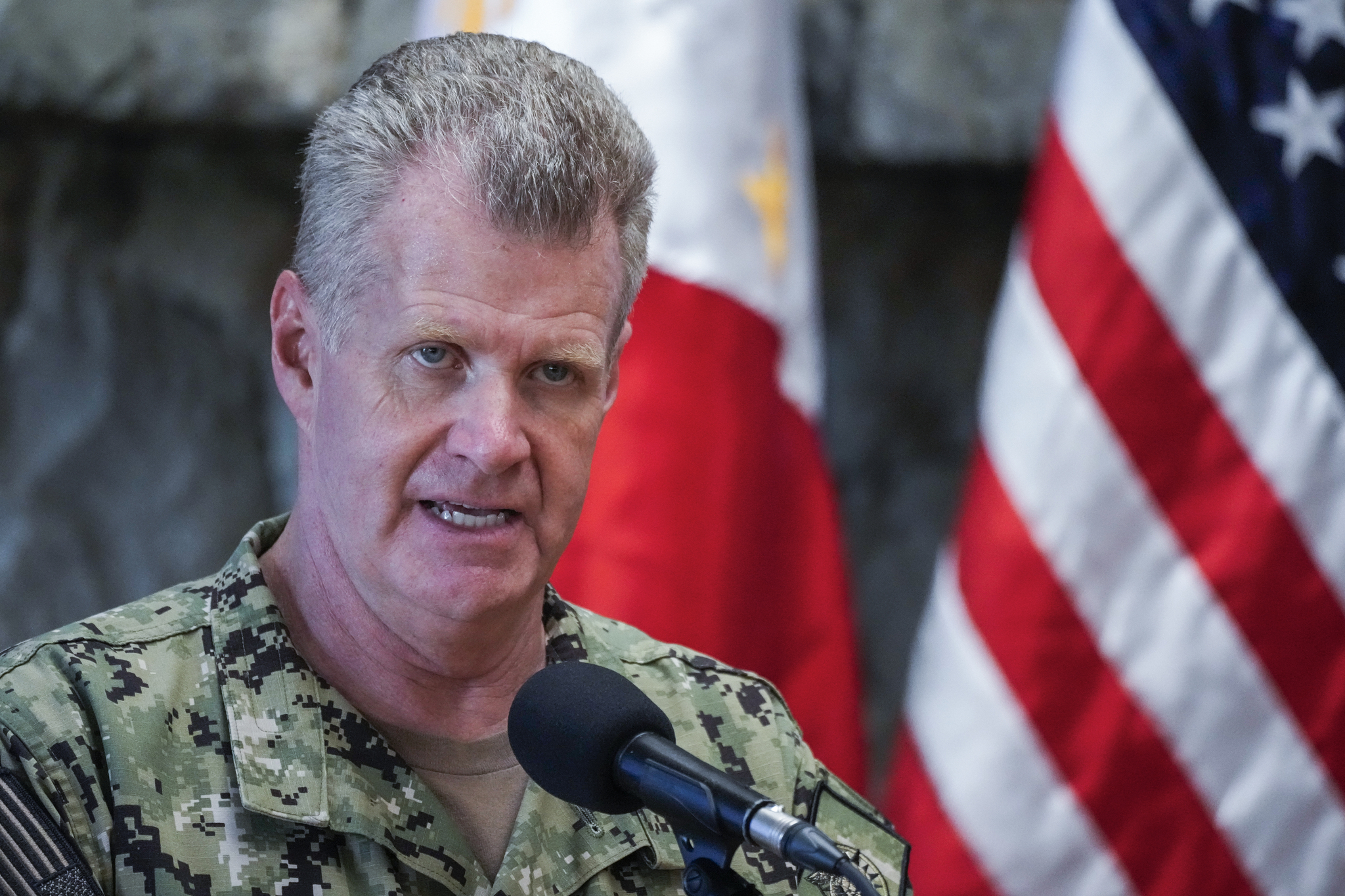 U.S. Indo-Pacific Command Commander, Admiral Samuel Paparo gestures during a press conference on the Mutual Defense Board-Security Engagement Board meeting held at the Philippine Military Academy in Baguio, northern Philippines on Thursday, Aug. 29. [AP/YONHAP]
