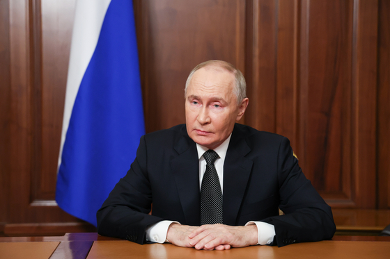 Russian President Vladimir Putin delivers a statement following a military strike by the Armed Forces of Ukraine on Bryansk Region on Tuesday. [TASS/YONHAP]