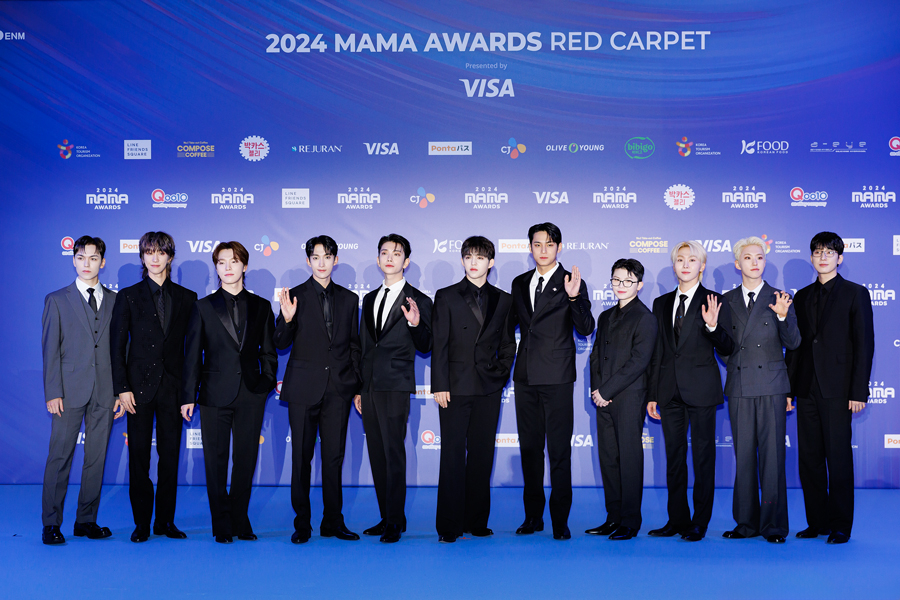 Boy band Seventeen poses for photos at the 2024 MAMA Awards red carpet on Nov. 23 at the Kyocera Dome in Osaka, Japan. [CJ ENM]