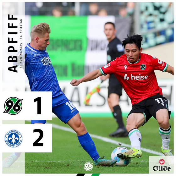 Hannover 96 midfielder Lee Hyun-ju, right, vies for the ball during a 2. Bundesliga match against SV Darmstadt 98 at Heinz-von-Heiden-Arena in Germany in a photo shared on Hannover's official Facebook account on Saturday. [SCREEN CAPTURE]