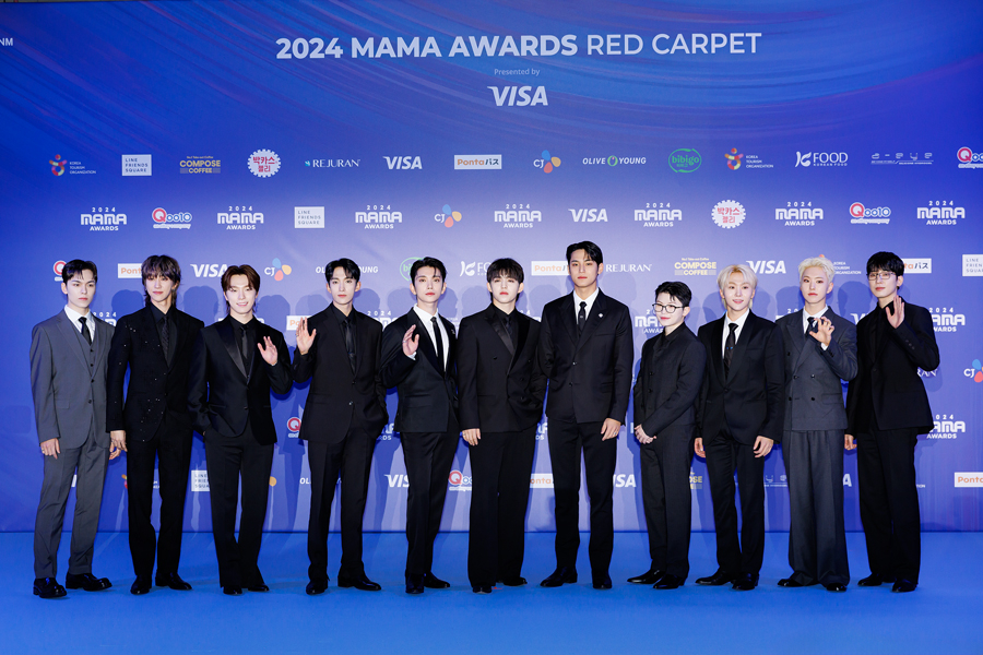 Boy band Seventeen poses for photos at the 2024 MAMA Awards red carpet on Nov. 23 at the Kyocera Dome in Osaka, Japan. [CJ ENM]
