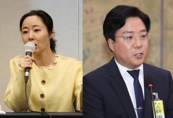 Former ADOR CEO Min Hee-jin, left, and Belift Lab CEO Kim Tae-ho [JOINT PRESS CORPS]