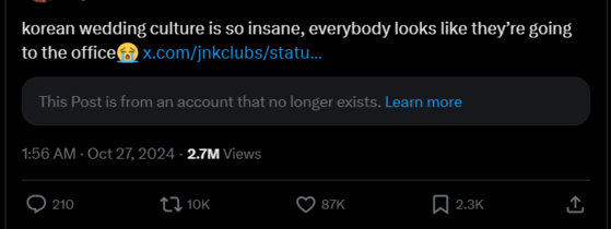 A screen capture of one user on X, formerly known as Twitter, talking about Jennie wearing black to a wedding. [SCREEN CAPTURE]