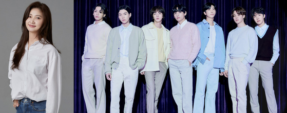 Shin Seon-jeong, the new general manager of BigHit Music, left, and BTS [BIGHIT MUSIC]