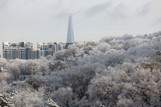 Mount Guryong in Seocho District, southern Seoul, is covered in snow on Wednesday. [YONHAP]  