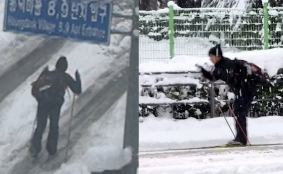 A person skis near Gwanggyo Lake Park in Suwon, Gyeonggi, on Thursday morning, in photos shared on social media. [SCREEN CAPTURE]