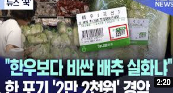 People at Hanaro Mart express shock over the extreme prices of napa cabbage, posting them on community sites for opinions on Sept. 23. [MBC NEWS]