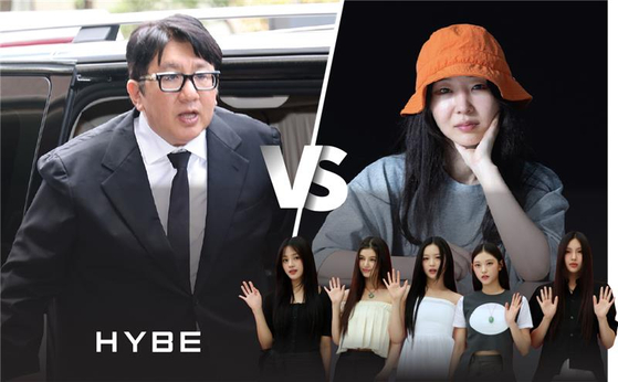 Bang Si-hyuk, chairman of HYBE at left, Min Hee-jin at right and girl group NewJeans at bottom [YONHAP, JOONGANG ILBO, NEWS1]