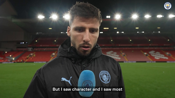 Manchester City's Ruben Dias speaks after his side's 2-0 loss to Liverpool on Sunday. [ONE FOOTBALL] 