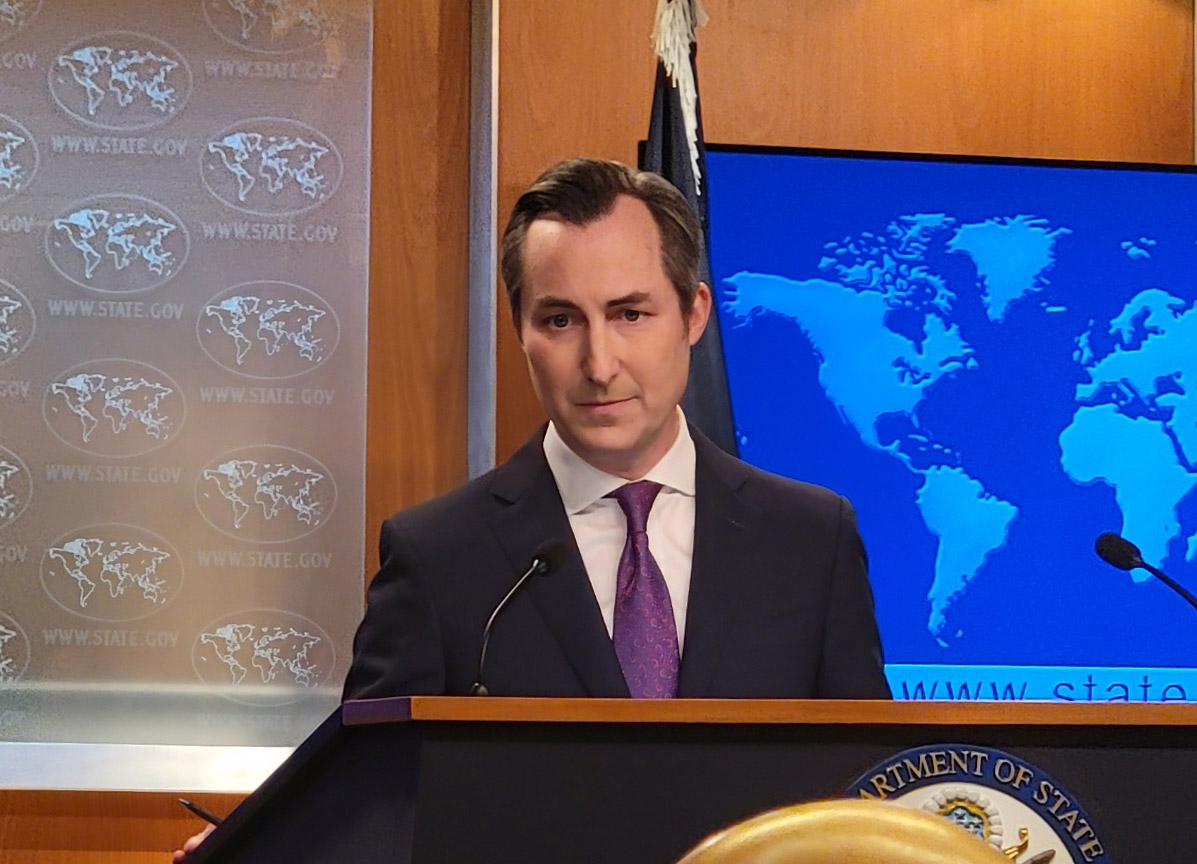 Matthew Miller, spokesperson for the State Department, speaks during a press briefing at the department in Washington. [YONHAP]