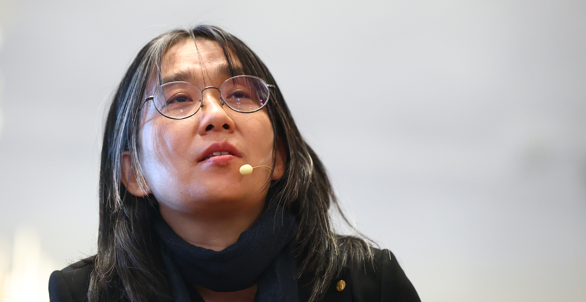 Korean author Han Kang answers questions from reporters at the Nobel Prize Museum in Sweden on Dec. 6 during her first official press conference since winning the Nobel Prize in Literature. [YONHAP]