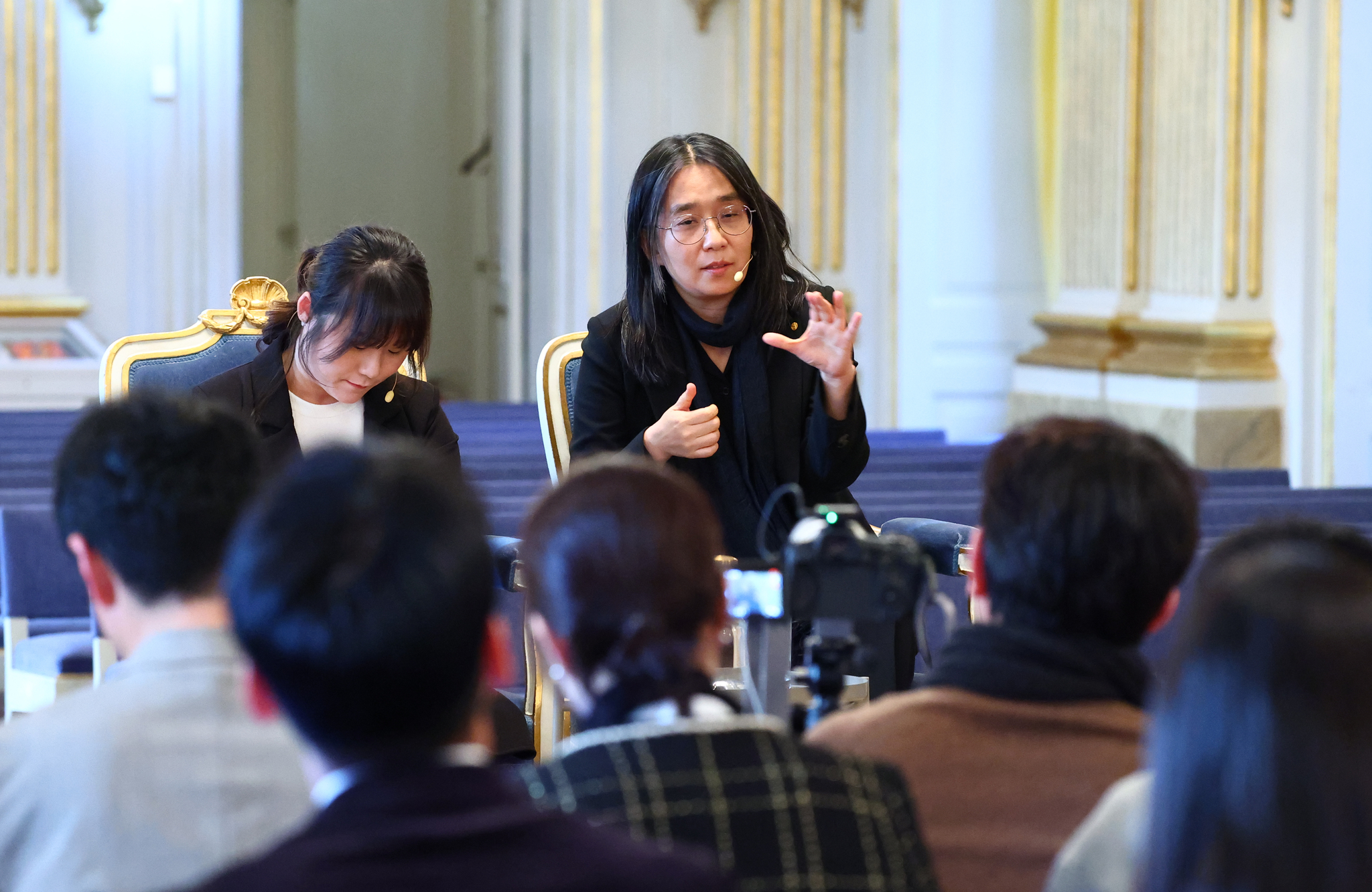 Korean author Han Kang answers questions from reporters at the Nobel Prize Museum in Sweden on Dec. 6 during her first official press conference since winning the Nobel Prize in Literature. [YONHAP]