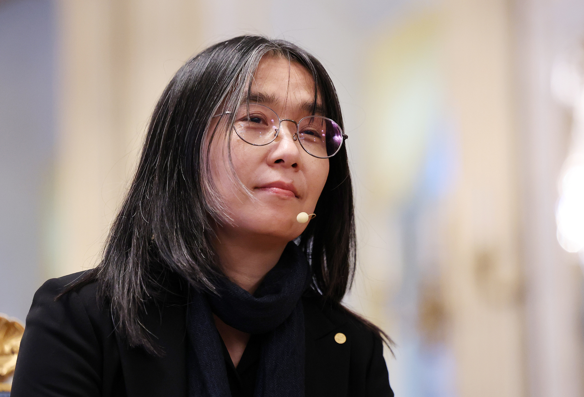 Korean author Han Kang answers questions from reporters at the Nobel Prize Museum in Sweden on Dec. 6 during her first official press conference since winning the Nobel Prize in Literature. [NEWS1] 