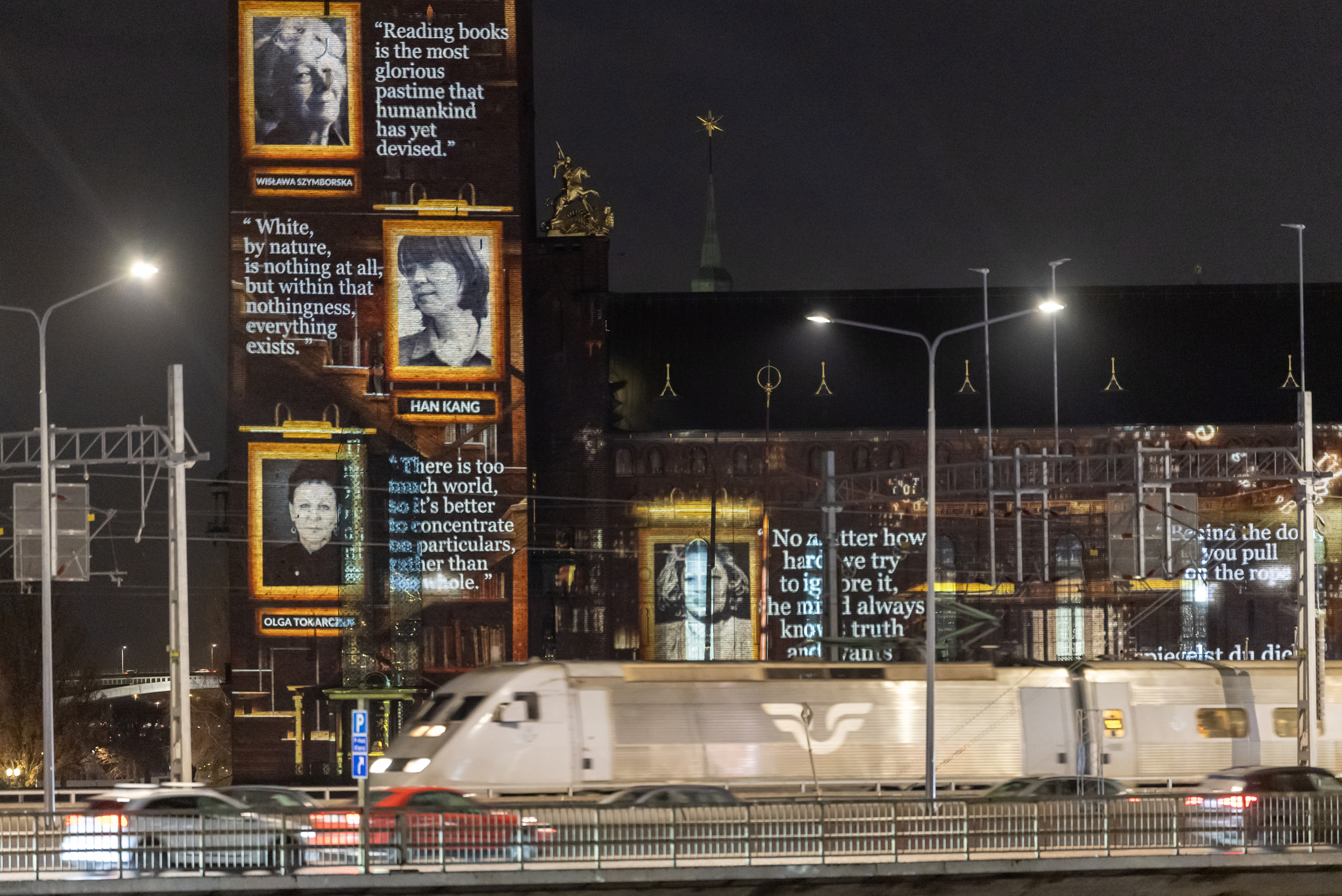 Han Kang is featured on the facade of Stockholm's city hall as the laureate of this year's Nobel Prize for Literature [YONHAP] 