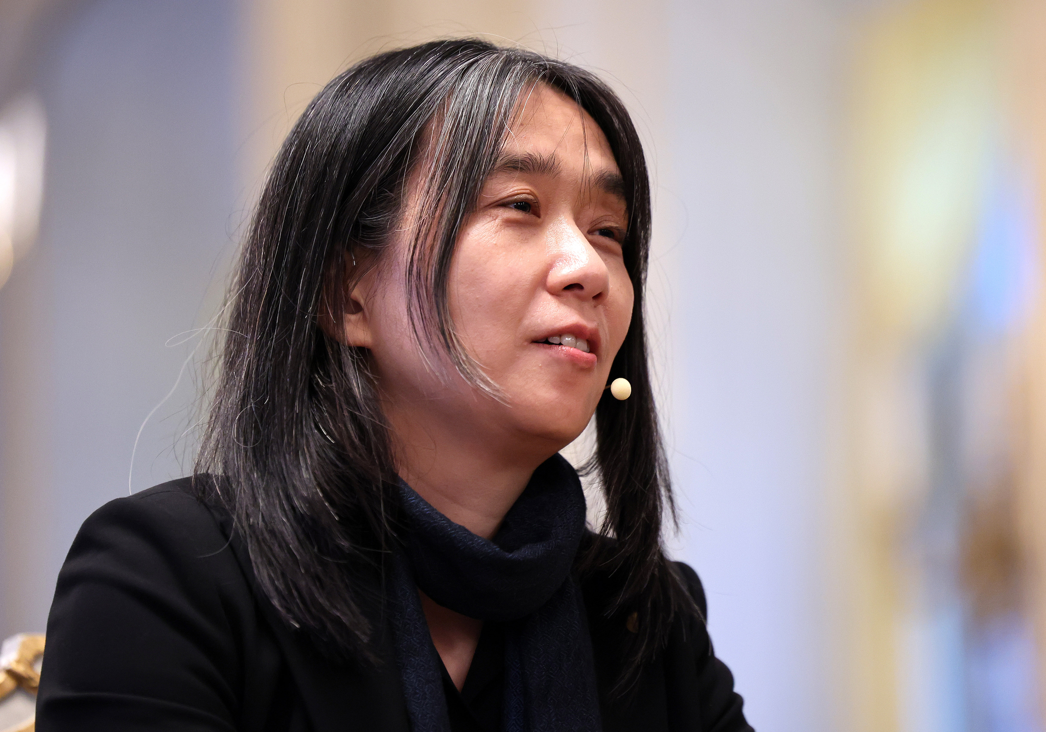 Korean author Han Kang answers questions from reporters at the Nobel Prize Museum in Sweden on Dec. 6 during her first official press conference since winning the Nobel Prize in Literature. [YONHAP] 