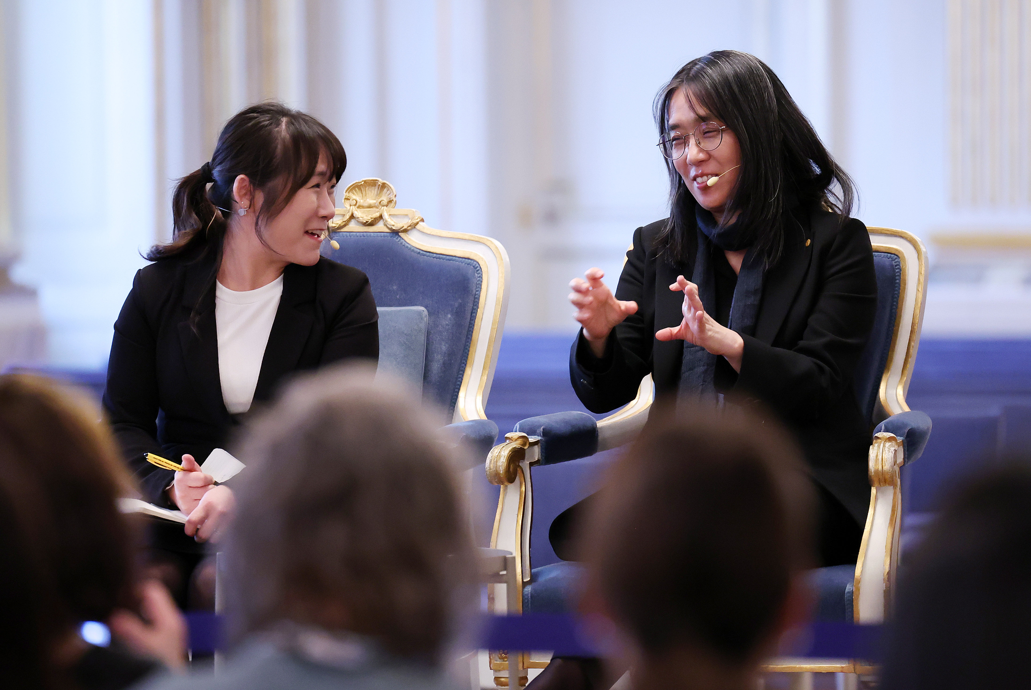 Korean author Han Kang answers questions from reporters at the Nobel Prize Museum in Sweden on Dec. 6 during her first official press conference since winning the Nobel Prize in Literature. [NEWS1] 