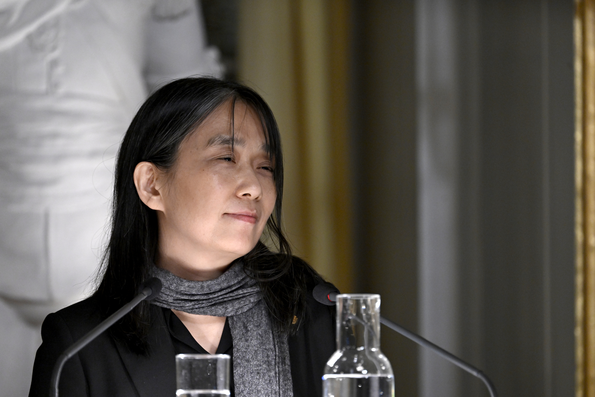 Nobel laureate in literature Han Kang speaks during this year's Nobel Prize lecture in literature at the Swedish Academy on Saturday in Stockholm, Sweden. [AP]