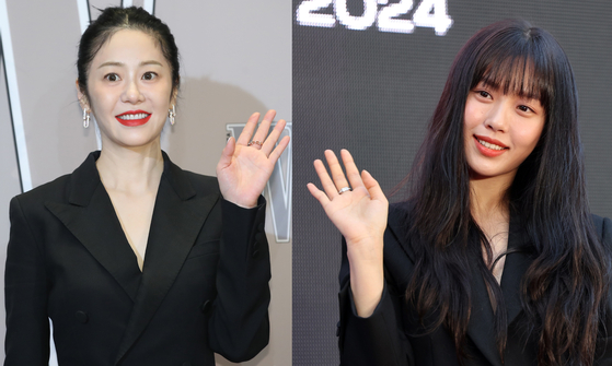 Actors Ko Hyun-jung, left, and Go Min-si react to the ongoing martial law turmoil on Saturday. [NEWS1, JOONGANG ILBO]