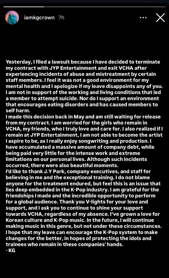 KG's statement regarding abuse and mistreatment at JYP Entertainment uploaded on her Instagram story on Sunday [SCREEN CAPTURE]