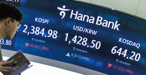 A trader assesses the markets at a Hana Bank branch in central Seoul on Monday. [YONHAP]
