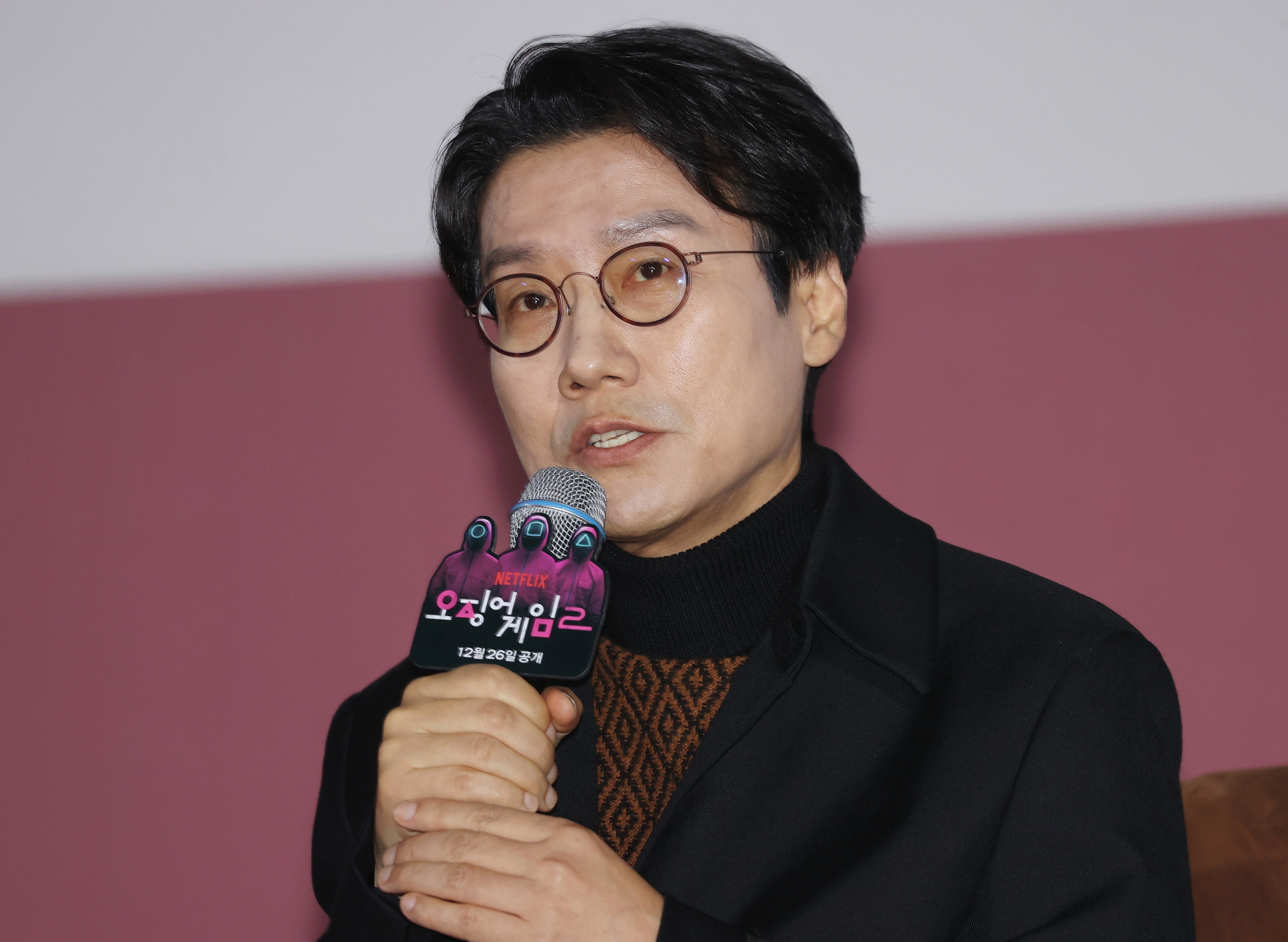 Director Hwang Dong-hyuk of the second season of ″Squid Game″ (2021-) speaks during the upcoming series' press conference held in Jung District, central Seoul, on Monday. [YONHAP]