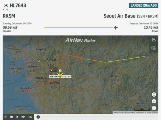 A screen capture from flight tracker AirNav Radar shows the flight time and route of President Yoon Suk Yeol's private jet. [SCREEN CAPTURE]