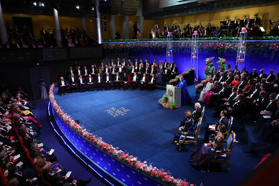 Nobel laureate in literature Han Kang attends the Nobel Prize ceremony in Stockholm, Sweden, on Dec. 10. [YONHAP] 