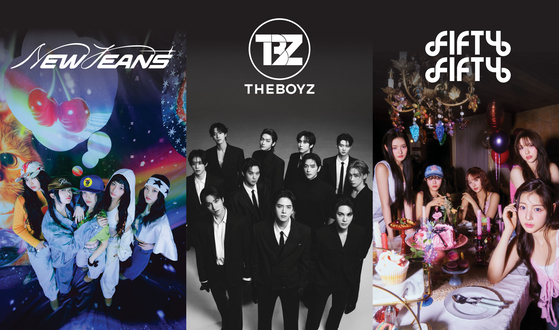 The members and logos of K-pop bands NewJeans, The Boyz and Fifty Fifty, from left [EACH AGENCY, LEE JEONG-MIN]