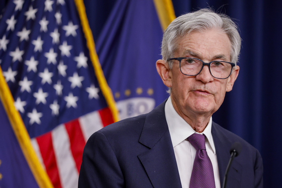 U.S. Federal Reserve Chairman Jerome Powell speaks during a news conference in Washington on Dec. 18 following the Federal Open Market Committee meeting. [EPA/YONHAP]