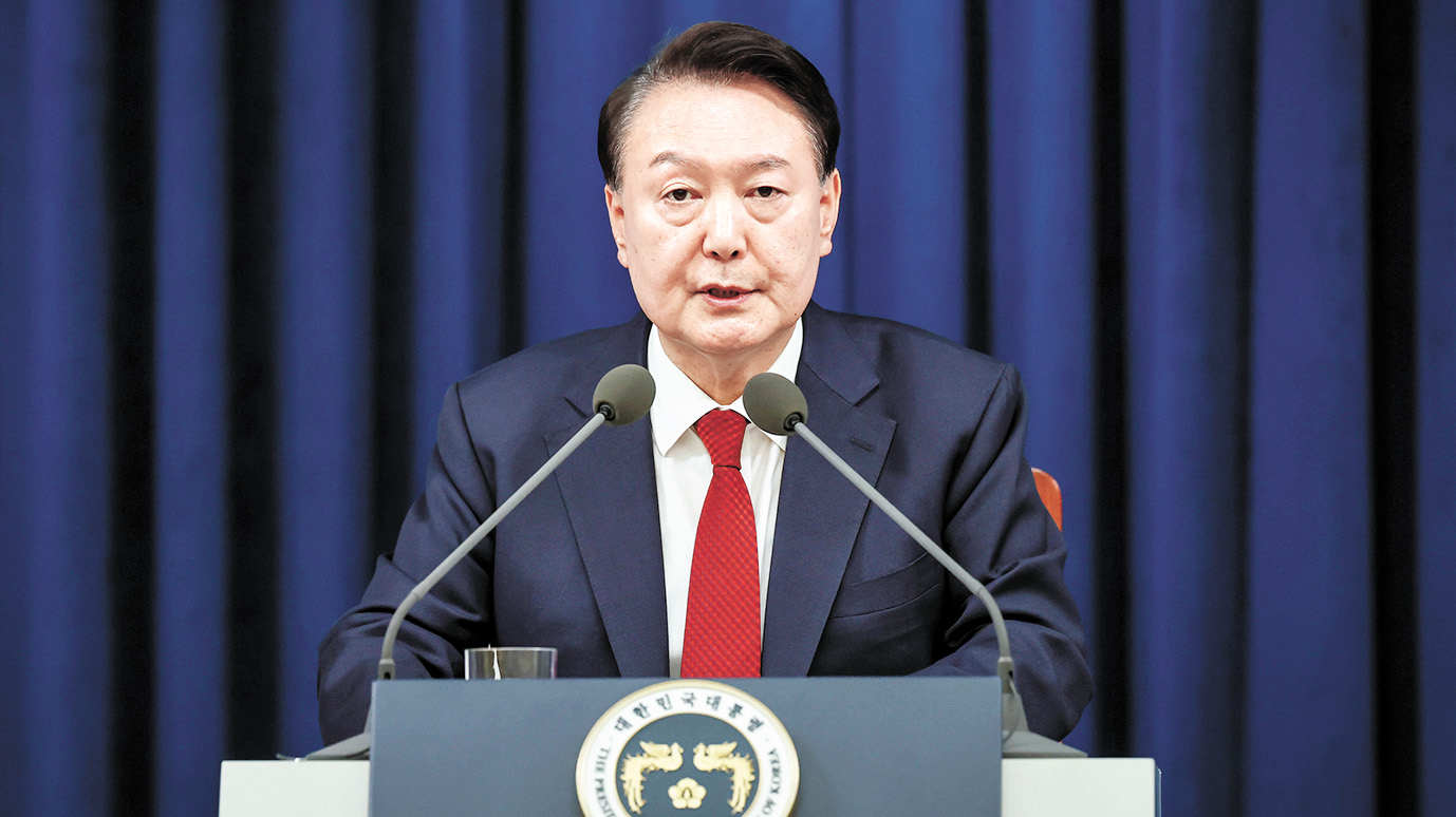 President Yoon Suk Yeol speaks during a public address on Dec. 3 at the Yongsan presidential office in central Seoul. [PRESIDENTIAL OFFICE] 