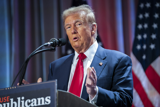 U.S. President-elect Donald Trump speaks during a meeting with House Republicans in Washington on Nov. 13. [AP/YONHAP]