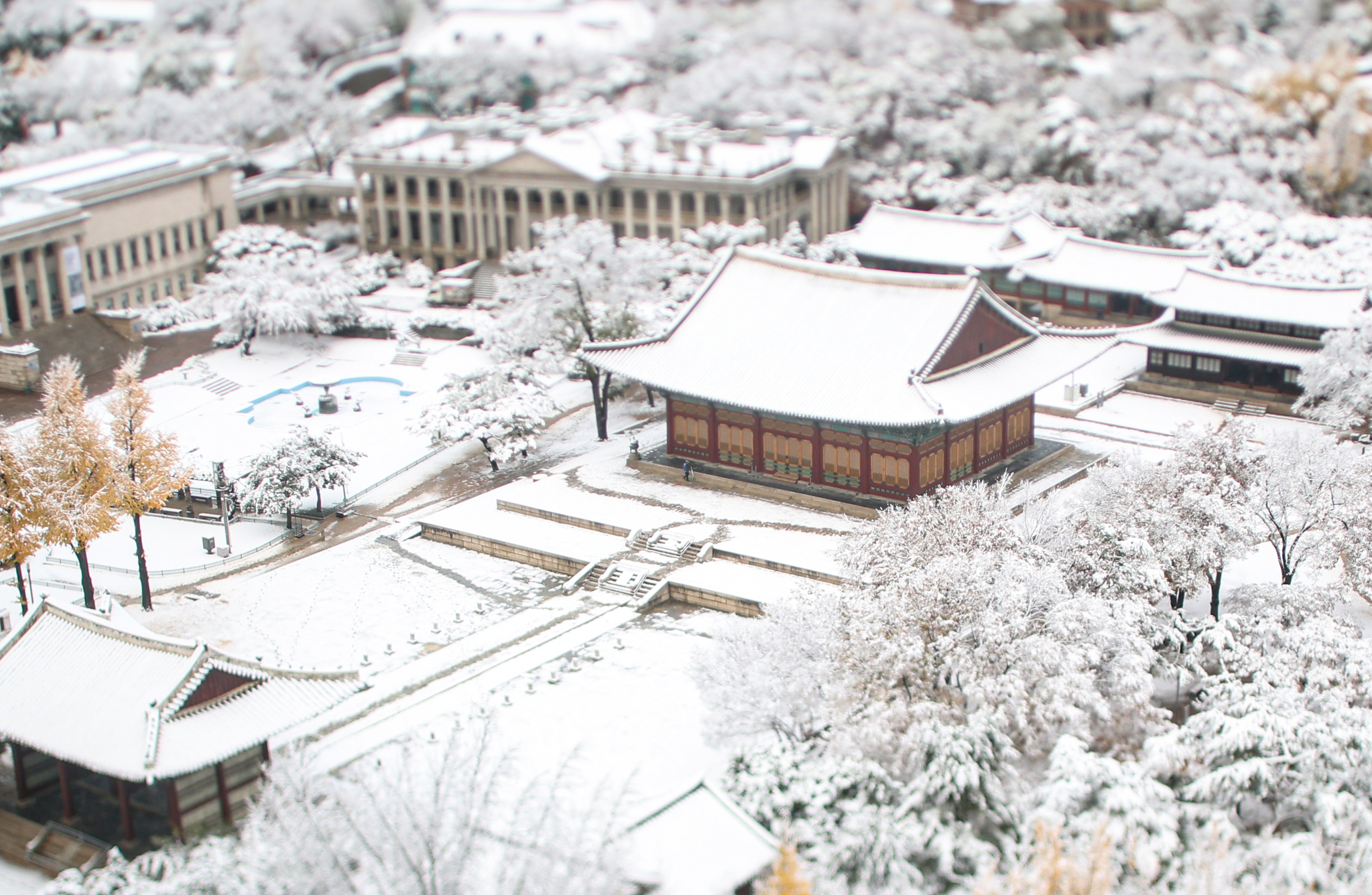 Heavy snow blankets the Deoksu Palace in Jung District, central Seoul, on Nov. 27. [YONHAP]