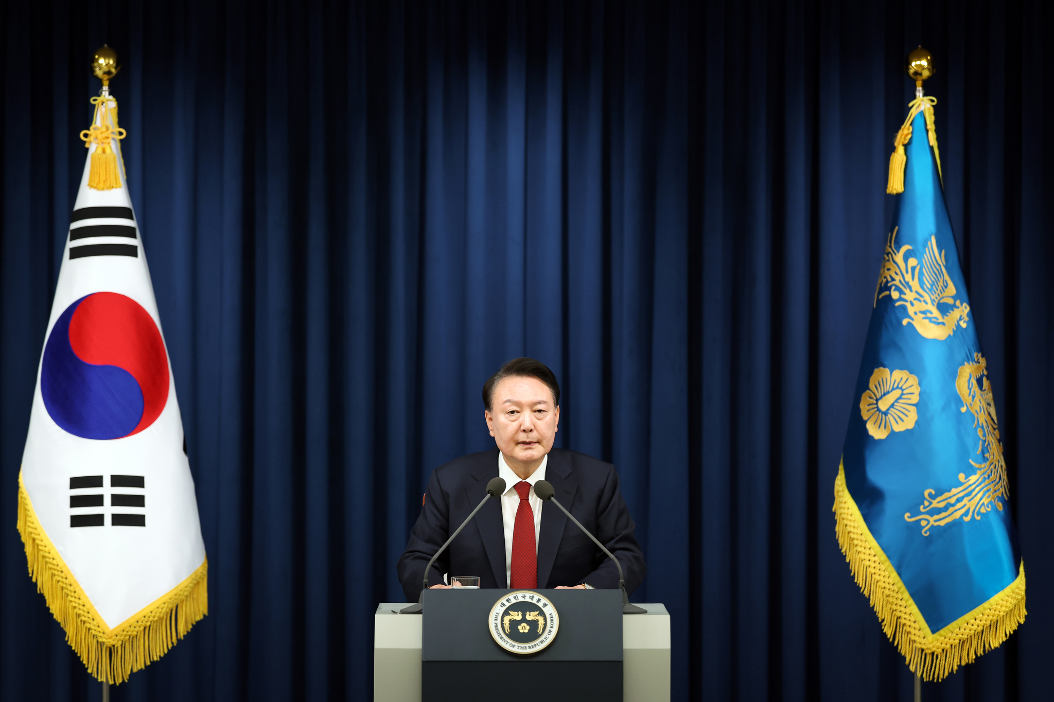 Korean President Yoon Suk Yeol declares an emergency martial law in Korea in an unannounced press conference at the Yongsan presidential office in central Seoul on Dec. 3. [YONHAP] 