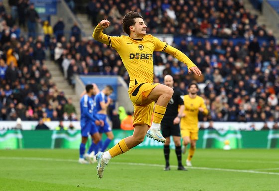 Wolverhampton Wanderers' Rodrigo Gomes celebrates scoring a goal during a Premier League match against Leicester City at King Power Stadium in England on Dec. 22. [REUTERS/YONHAP] 