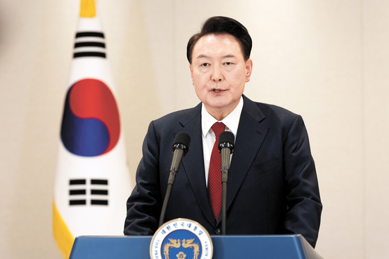 President Yoon Suk Yeol gives a public address from the presidential residence in Yongsan District, central Seoul, on Dec. 12. [PRESIDENTIAL OFFICE] 
