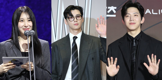 From left; singer Lee Chae-yeon, singer and actor Cha Eun-woo and rock band DAY6's drummer Dowoon [NEWS1]