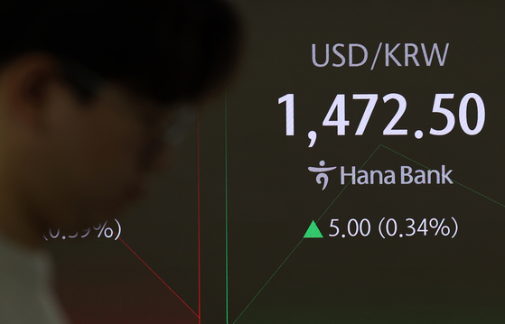 An electronic board at Hana Bank's dealing room in Jung District in central Seoul shows Korean won trading at 1,472.50 won per U.S. dollar on Monday morning. [YONHAP]