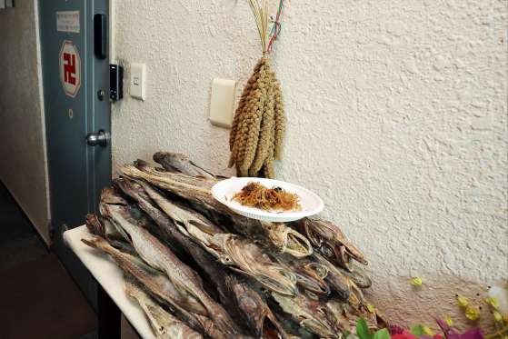 Dried fish used during shamanistic practices are found at the fortune-telling shop run by former Defense Intelligence Command chief Noh Sang-won. [NEWS1]