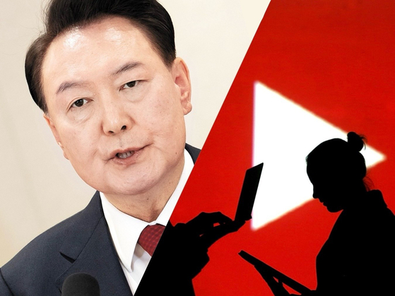 Left: President Yoon Suk Yeol gives a public address from the presidential office in Yongsan District, central Seoul, on Dec. 12. Right: Silhouette of people on their phones against the backdrop of a YouTube logo [PRESIDENTIAL OFFICE, REUTERS/YONHAP] 